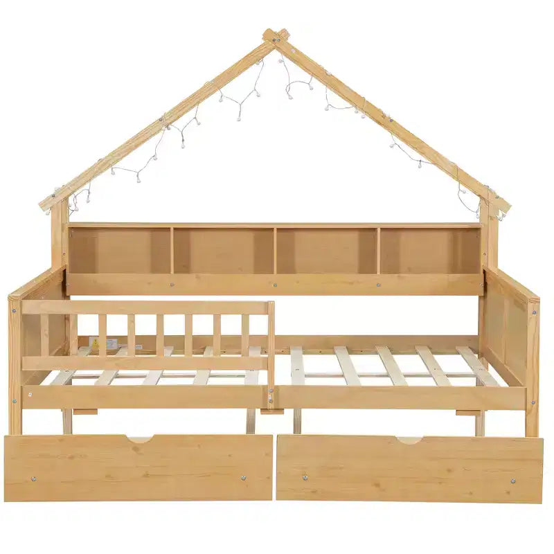 Cadre de lit maison pleine grandeur avec tiroirs, lit plate-forme maison avec lumières LED, étagères de rangement et tiroirs, lit de repos en bois avec toit et garde-corps