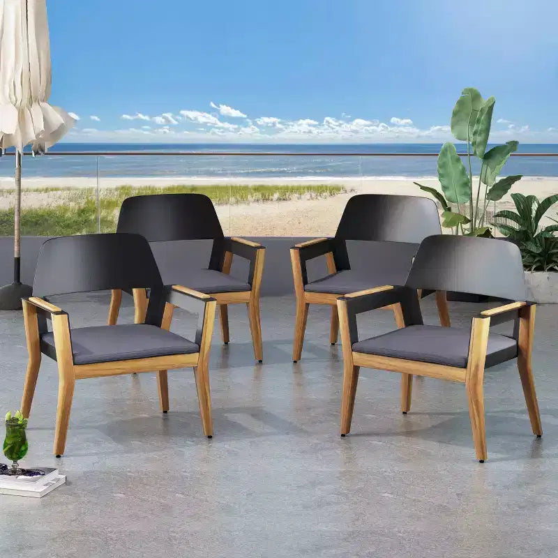 Fauteuils de jardin Soho (lot de 4) en bois d'acacia avec coussins – Teck/Noir/Gris foncé – Christopher Knight Home