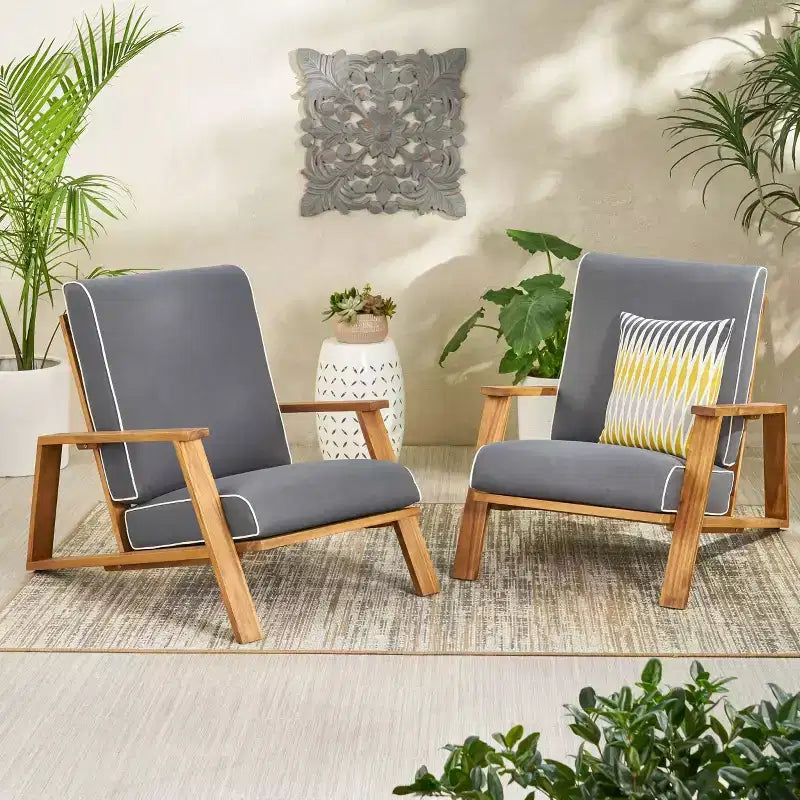 Lot de 2 fauteuils de jardin Paloma en bois d'acacia avec coussins – Teck/Gris foncé – Christopher Knight Home