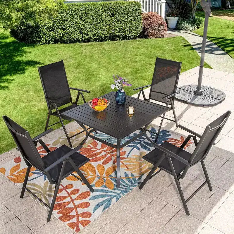 5pc Patio Set with Square Table & Reclining Sling Chairs with Armrests - Captiva Designs: Outdoor Dining Furniture