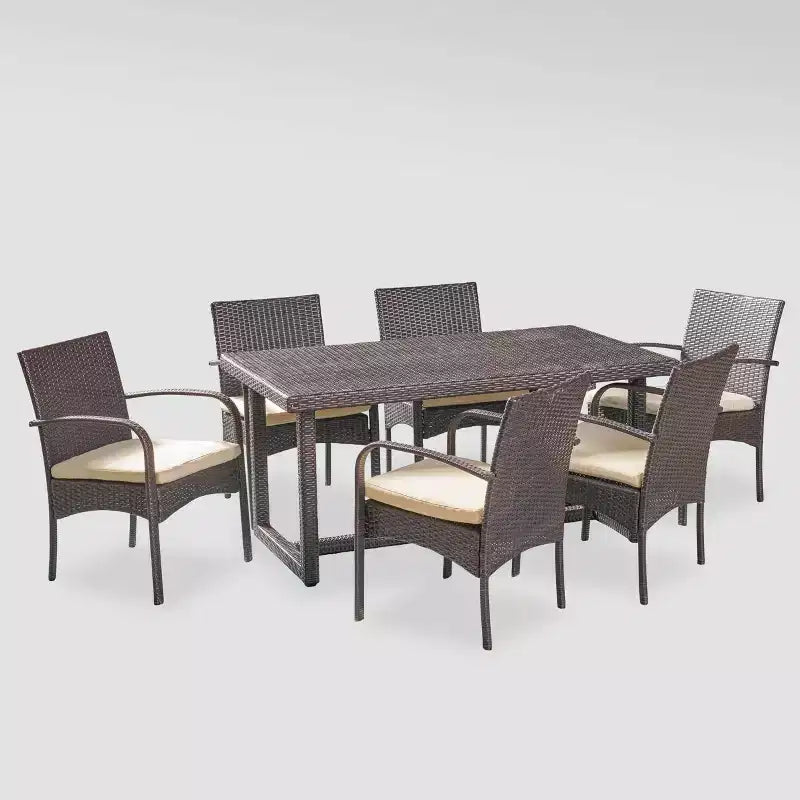 Ensemble de salle à manger en osier 7 pièces Harlowe - Marron/Crème - Christopher Knight Home : Meubles de patio résistants aux intempéries avec coussins