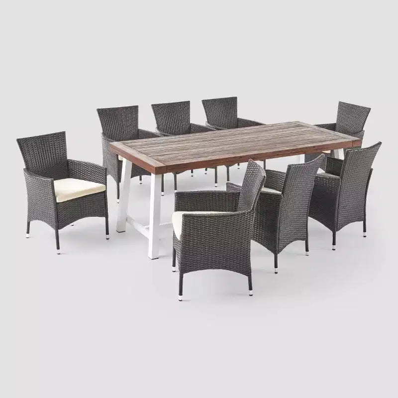 Ensemble de salle à manger Flamingo 9 pièces en bois et osier marron foncé/multimarron/beige - Christopher Knight Home : résistant aux intempéries, 8 chaises