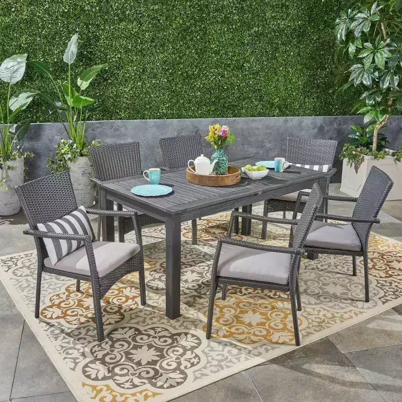 7pc Davenport Wood & Wicker Expandable Patio Dining Set Gray: Acacia Table, Umbrella Hole - Christopher Knight Home