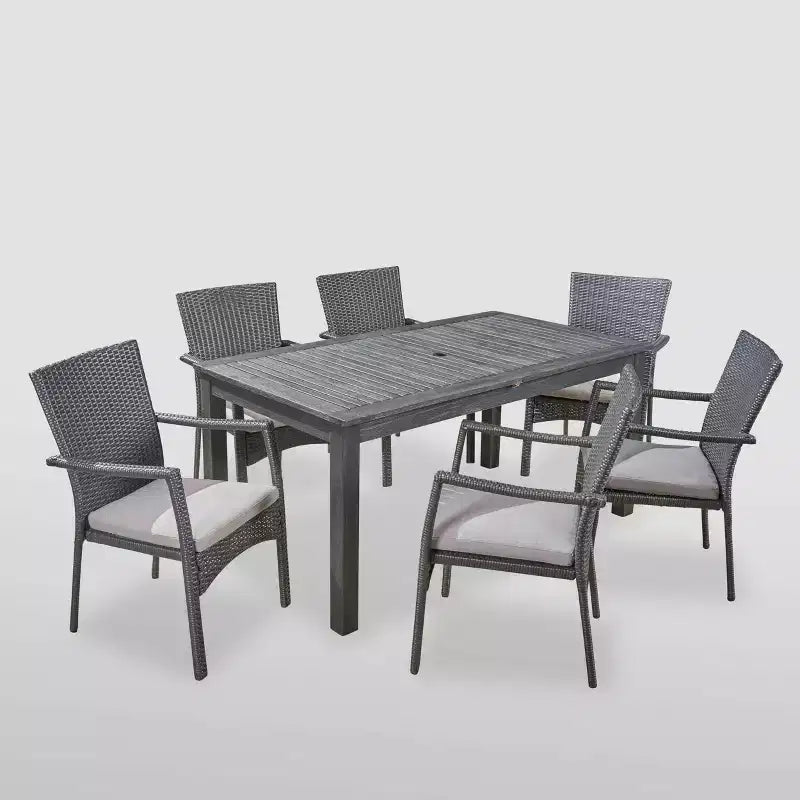 Ensemble de salle à manger extensible 7 pièces Davenport en bois et osier pour patio, gris : table en acacia, trou pour parasol - Christopher Knight Home