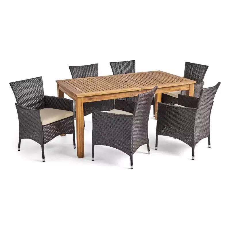 Ensemble de salle à manger extensible Nadia 7 pièces en bois et osier - Naturel/Marron/Beige - Christopher Knight Home : Comprend 6 chaises, coussins amovibles