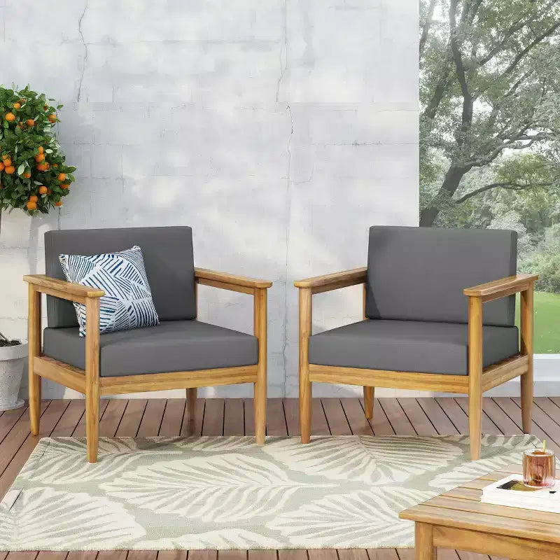 Magnolia 2pc Patio Acacia Wood Club Chairs: Water-Resistant Cushions - Christopher Knight Home