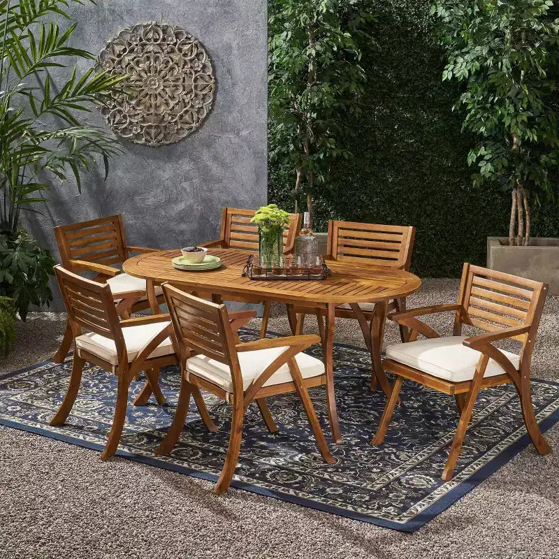 Hermosa 7pc Acacia Wood Oval Dining Set - Teak/Cream - Christopher Knight Home