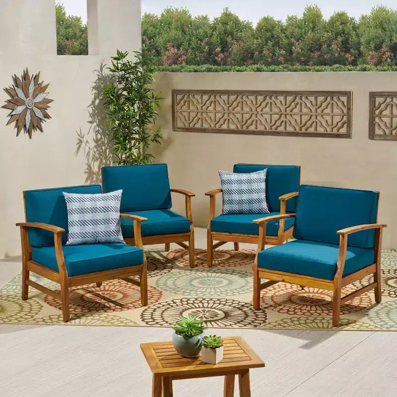 Fauteuils de club Perla en bois d'acacia, lot de 4 - Teck/Bleu - Christopher Knight Home