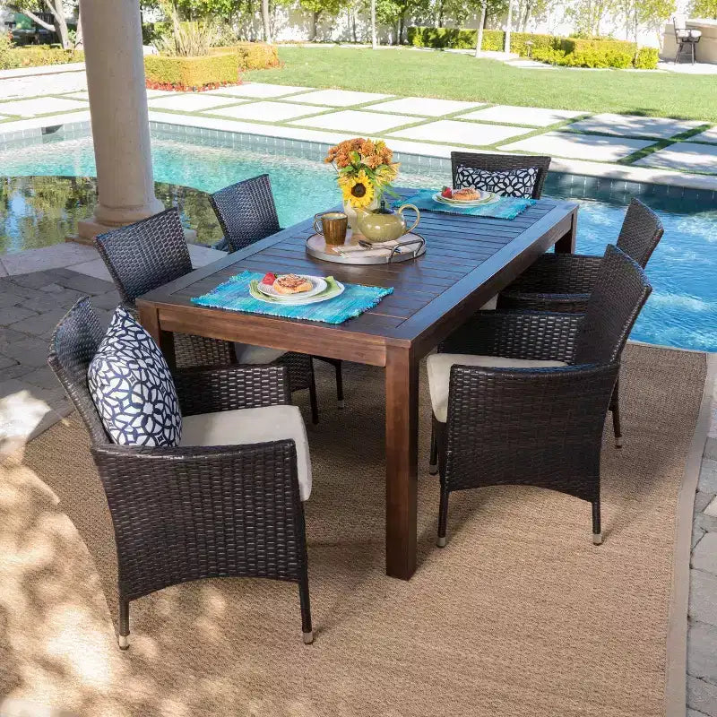 Lincoln 7pc Acacia Wood & Wicker Patio Dining Set - Dark Brown - Christopher Knight Home: Weather-Resistant, 6-Seater
