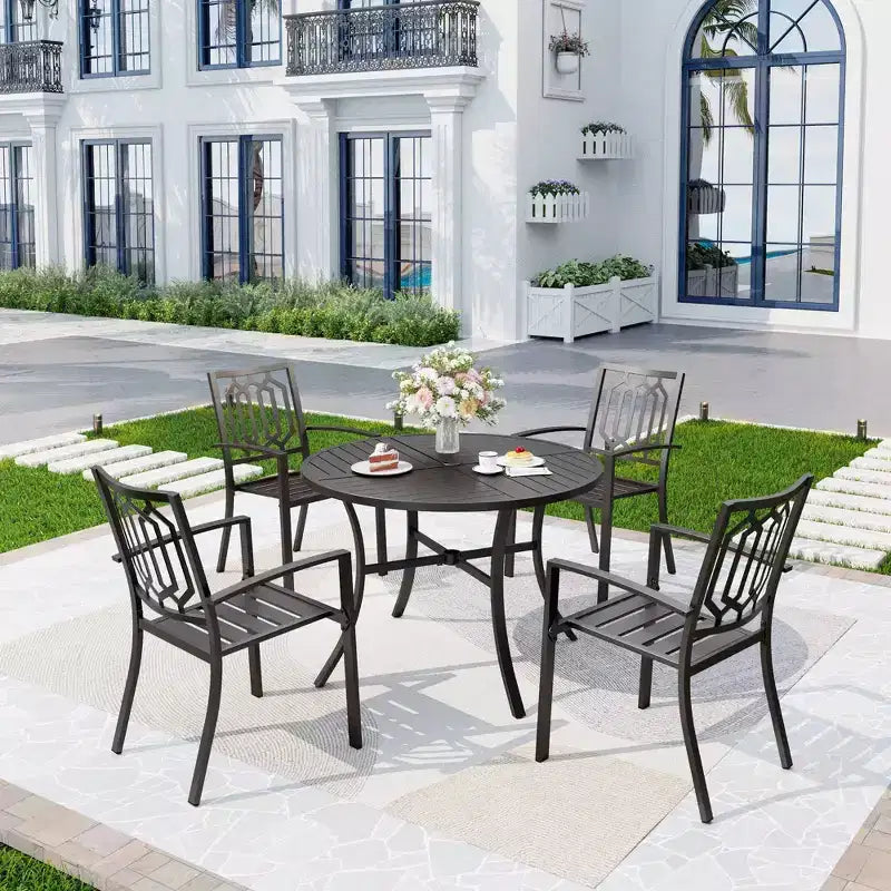5pc Outdoor Dining Set with Stackable Chairs & Metal Round Table with Umbrella Hole - Black - Captiva Designs: Weather-Resistant Patio Set
