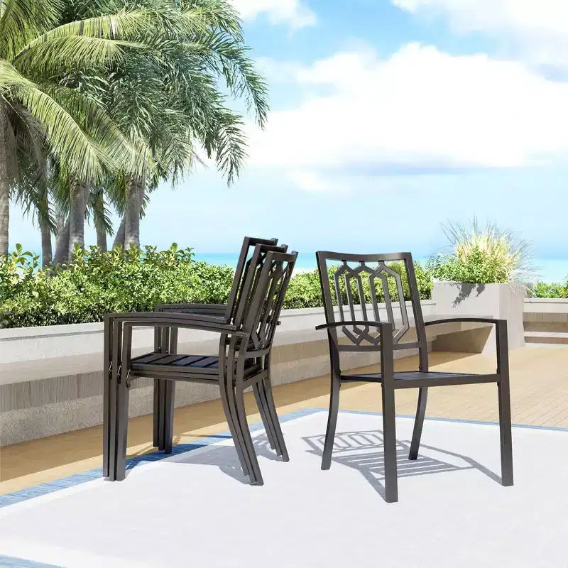 Ensemble de salle à manger d'extérieur 5 pièces avec chaises empilables et table ronde en métal avec trou pour parasol - Noir - Captiva Designs : Ensemble de patio résistant aux intempéries