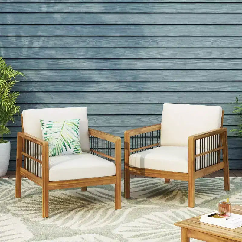 Lot de 2 fauteuils de jardin Elias en bois d'acacia avec coussins teck/beige - Christopher Knight Home : Résistant aux intempéries, protection UV, cadre en fer