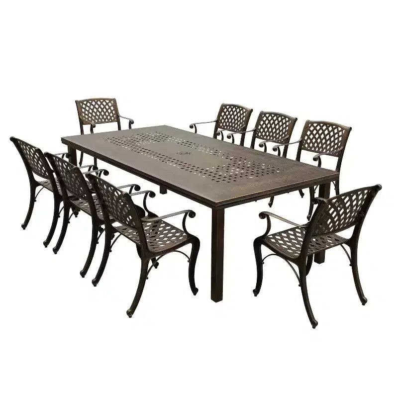 95" Rectangular Modern Ornate Outdoor Mesh Aluminum Patio Dining Set with Four Chairs - Black - Oakland Living: UV-Resistant, 8-Seater