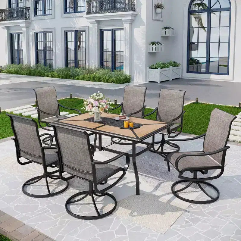 7pc Patio Dining Set with Faux Steel Table & 360 Swivel Sing Arm Chairs - Captiva Designs: Weather-Resistant Outdoor Furniture