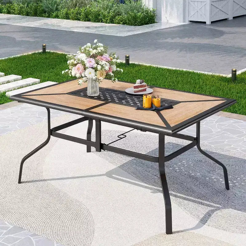 Ensemble de salle à manger de patio 7 pièces avec table en faux acier et chaises pivotantes à 360° avec accoudoirs – Captiva Designs : Mobilier d'extérieur résistant aux intempéries