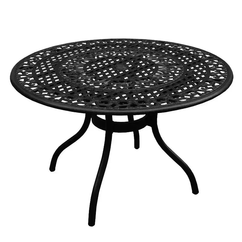Ensemble de salle à manger 5 pièces avec table ronde d'extérieur en aluminium maillé orné de 48 pouces et chaises à damiers - Noir - Oakland Living : Résistant aux UV, Résistant aux moisissures