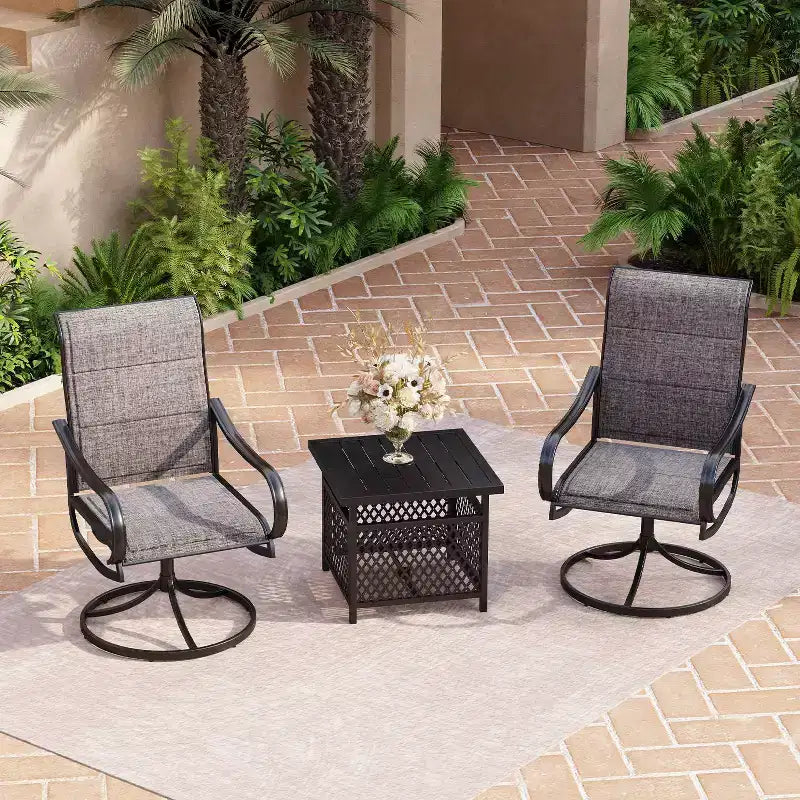 3pc Patio Dining Set with Small Square Table with Umbrella Hole & 360 Swivel Padded Sling Arm Chairs - Captiva Designs