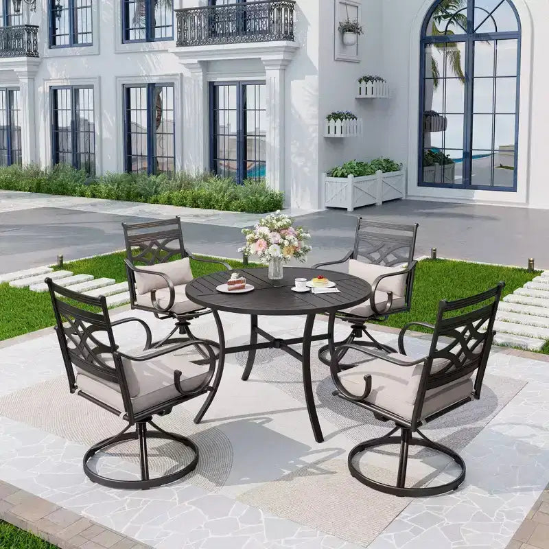 5pc Outdoor Dining Set: Swivel Chairs, Round Table, Umbrella Hole - Captiva Designs