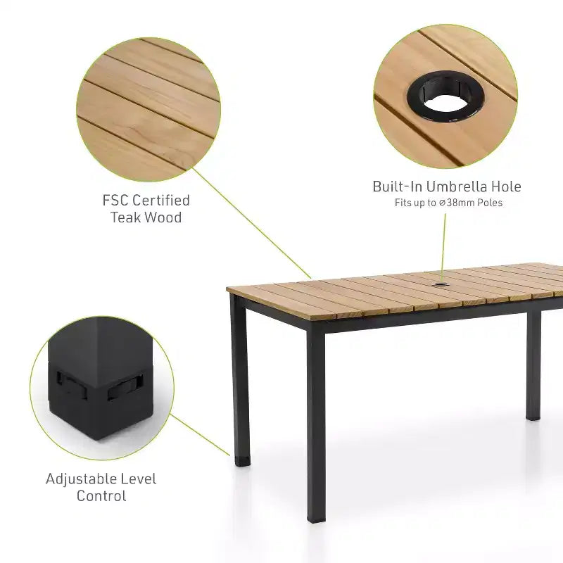 Ensemble de salle à manger extérieur Greemotion Mackay 5 pièces en bois de teck : Résistant aux UV, aux intempéries, cadre en aluminium