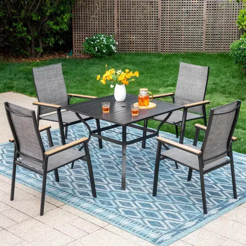 5pc Outdoor Dining Set with Sling Chairs & Square Powder Coated Aluminum Table - Captiva Designs: Weather-Resistant Patio Set