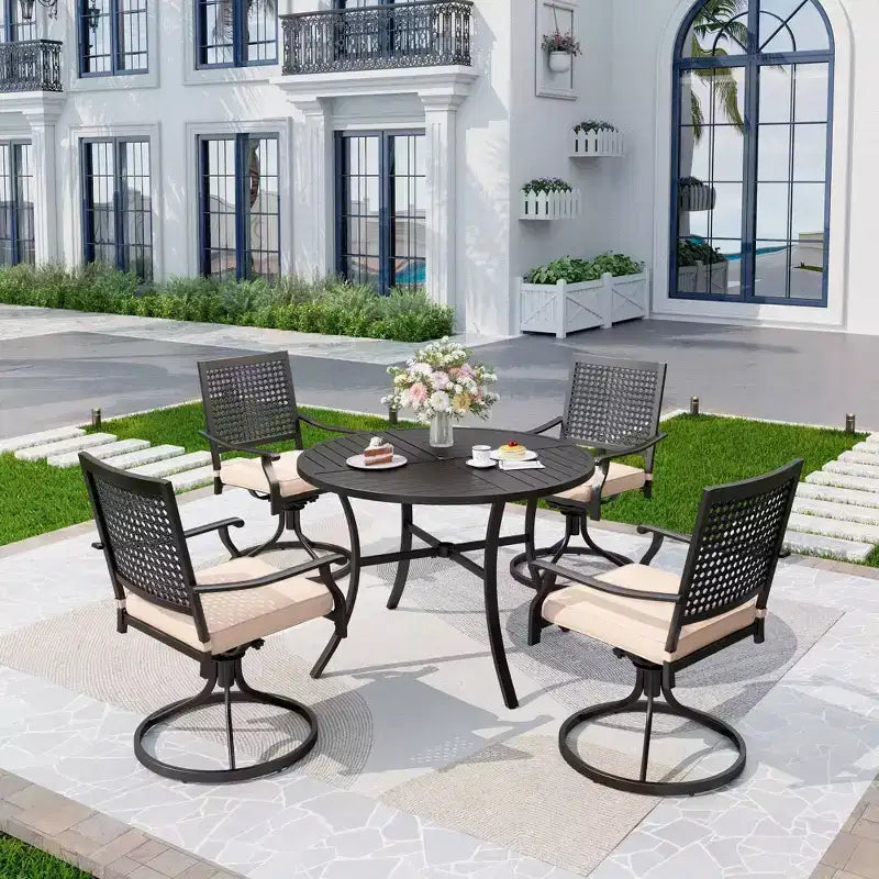 5pc Outdoor Dining Set with Swivel Chairs with Cushions & Round Metal Table with Umbrella Hole - Black - Captiva Designs