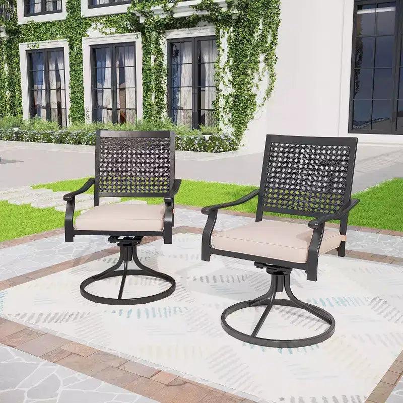 Ensemble de repas extérieur 5 pièces avec chaises pivotantes et coussins et table ronde en métal avec trou pour parasol - Noir - Captiva Designs