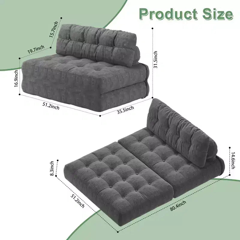 Canapé-lit futon pliant entièrement en velours côtelé, chaise de couchage convertible au sol avec oreiller et dossier