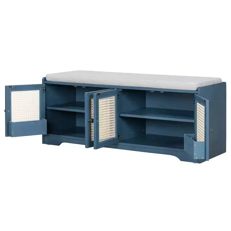 Banc de rangement rustique en bois Whisen, banc à chaussures d'entrée avec coussin amovible, étagères réglables