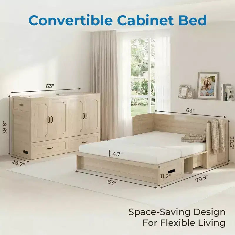 Lit escamotable convertible Queen Size Mjkone avec matelas, chargement USB, tiroirs de rangement