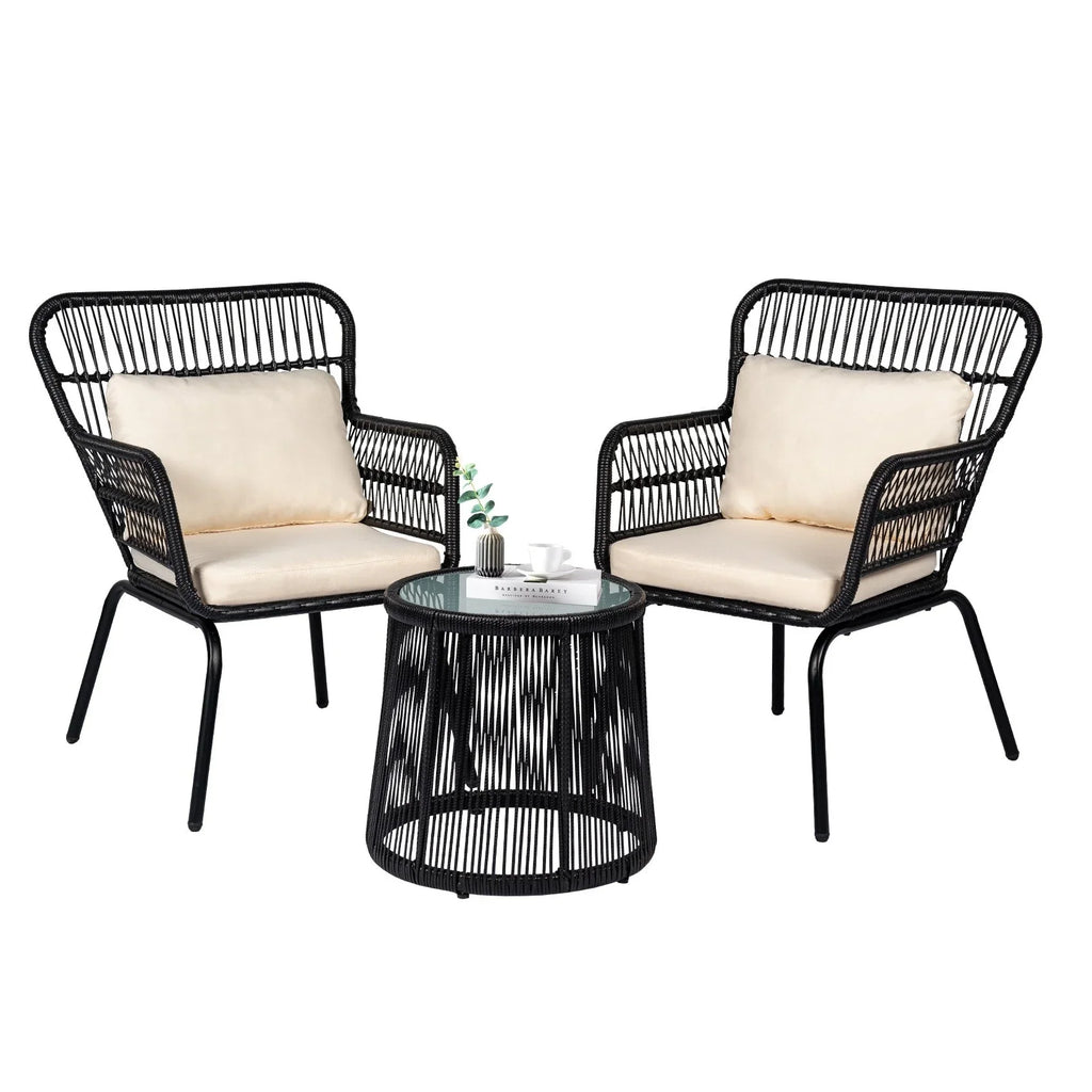 Ensemble bistrot 3 pièces en osier pour conversation, salon de jardin en rotin résistant aux intempéries avec coussins
