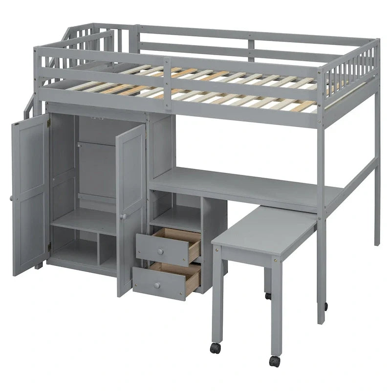 Lit mezzanine double avec escalier, bibliothèque, bureau et armoire – Meuble multifonctionnel et peu encombrant pour enfants et adolescents – Blanc