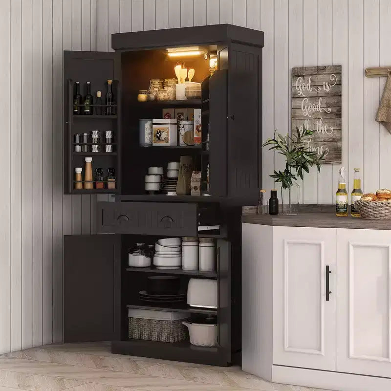 Garde-manger de cuisine de 71 po avec lumières DEL, 6 tablettes de porte, un tiroir et 4 tablettes réglables