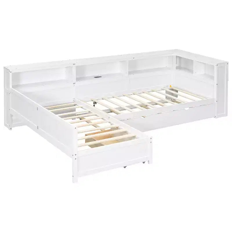 Lit plateforme en L de taille double avec lit gigogne et station de recharge, cadre de lit en bois avec étagère