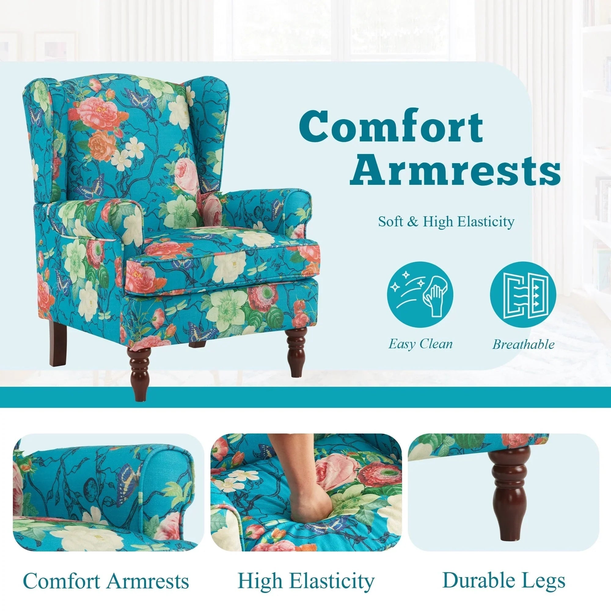 Fauteuil d'appoint moderne Erommy, fauteuil à dossier haut, canapé simple en tissu rembourré avec boutons et pieds en bois pour salon