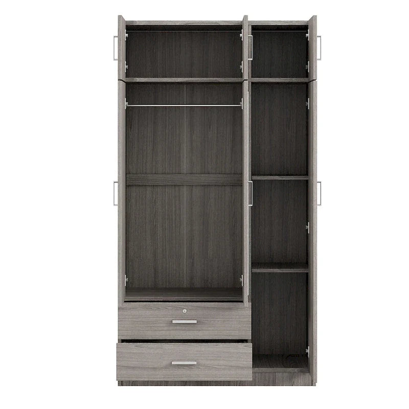 Armoire penderie miroir 3 portes avec 2 tiroirs et meuble haut