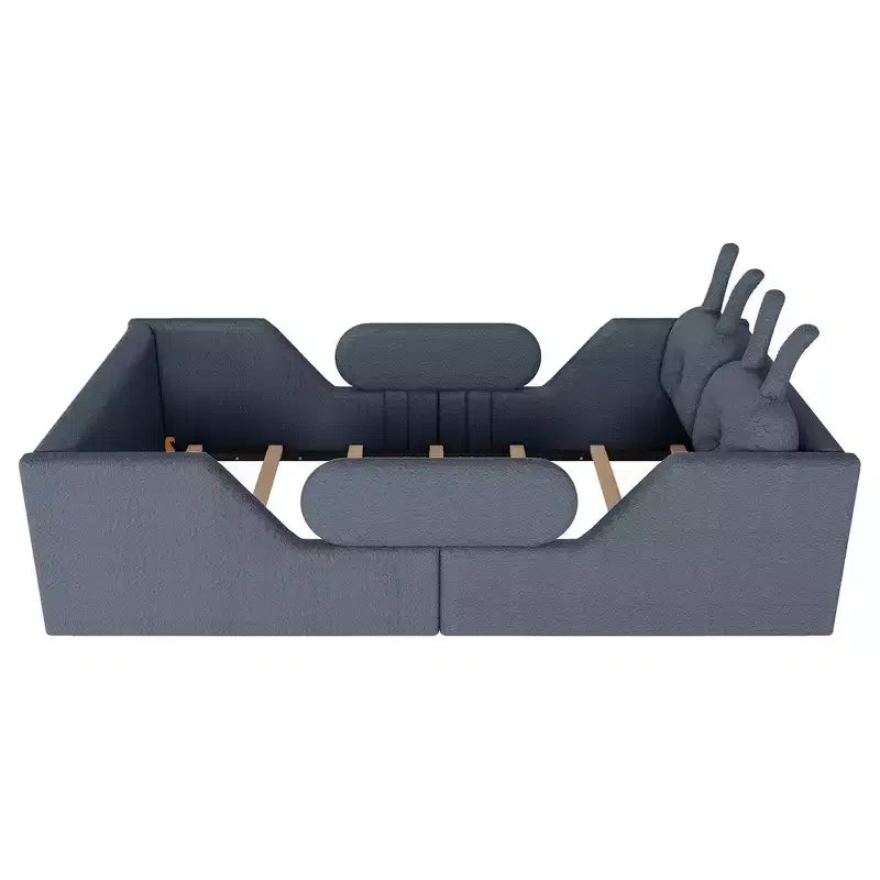 Lit plateforme double Whisen, cadre de lit rembourré pour enfants avec coussin lapin, barrières latérales amovibles