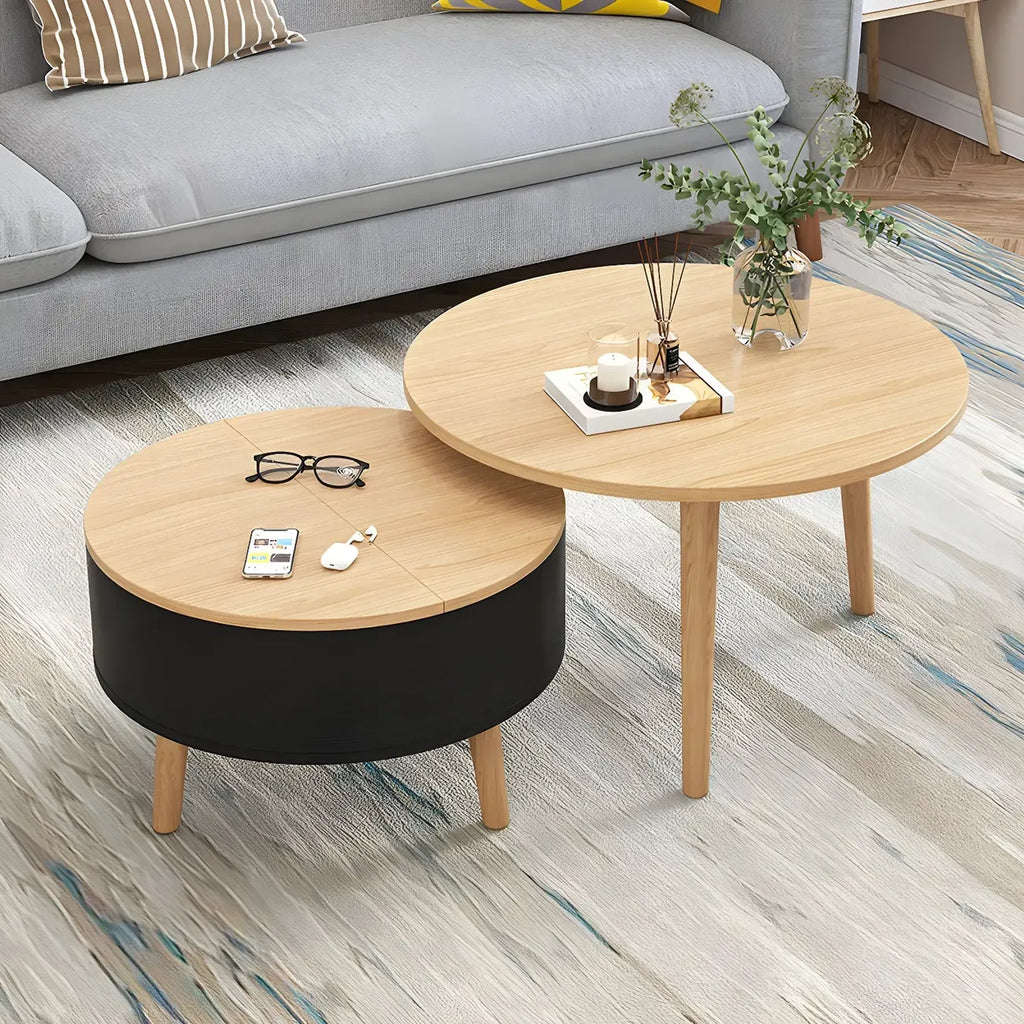 Table basse ronde moderne en bois noir et blanc avec rangement