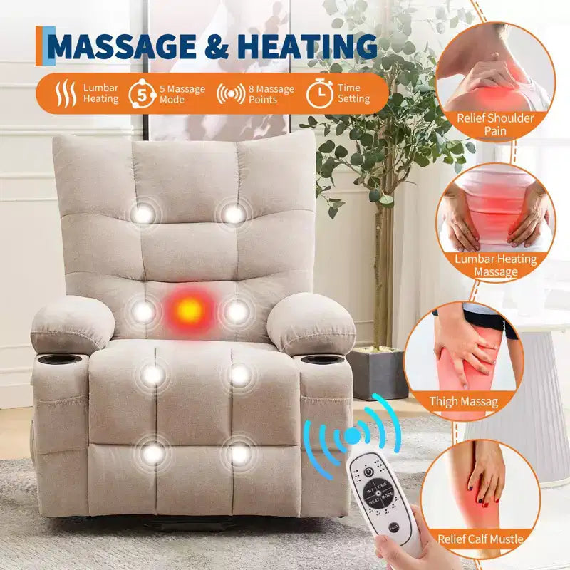 Fauteuil inclinable releveur électrique pour personnes âgées avec fonctions massage et chauffage, inclinable surdimensionné avec fonctions massage et chauffage, revêtement doux et rembourré, poche latérale et porte-gobelets