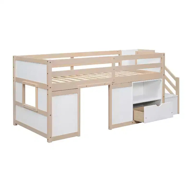 Lit mezzanine jumeau Okak en bois massif avec escalier et rangement, lits superposés jumeaux à profil bas avec tiroirs et étagères, lits mezzanine multifonctionnels pour enfants et adolescents