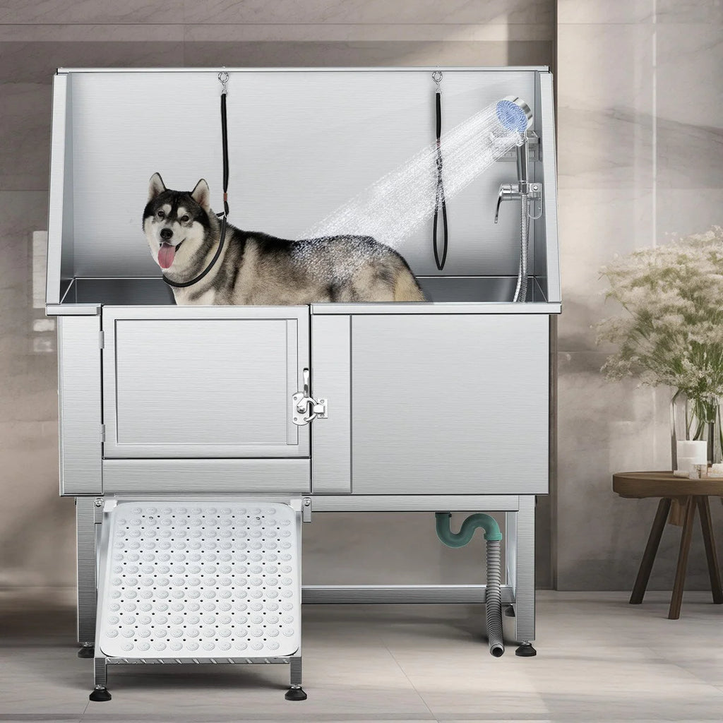 Baignoire de toilettage pour animaux de compagnie de 50 pouces de largeur en acier inoxydable avec rampe d'accès
