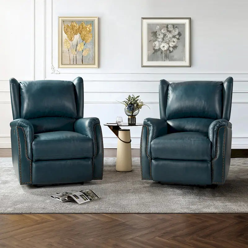 Fauteuil inclinable électrique en cuir véritable avec port USB – Dossier ailé clouté, ensemble de 2