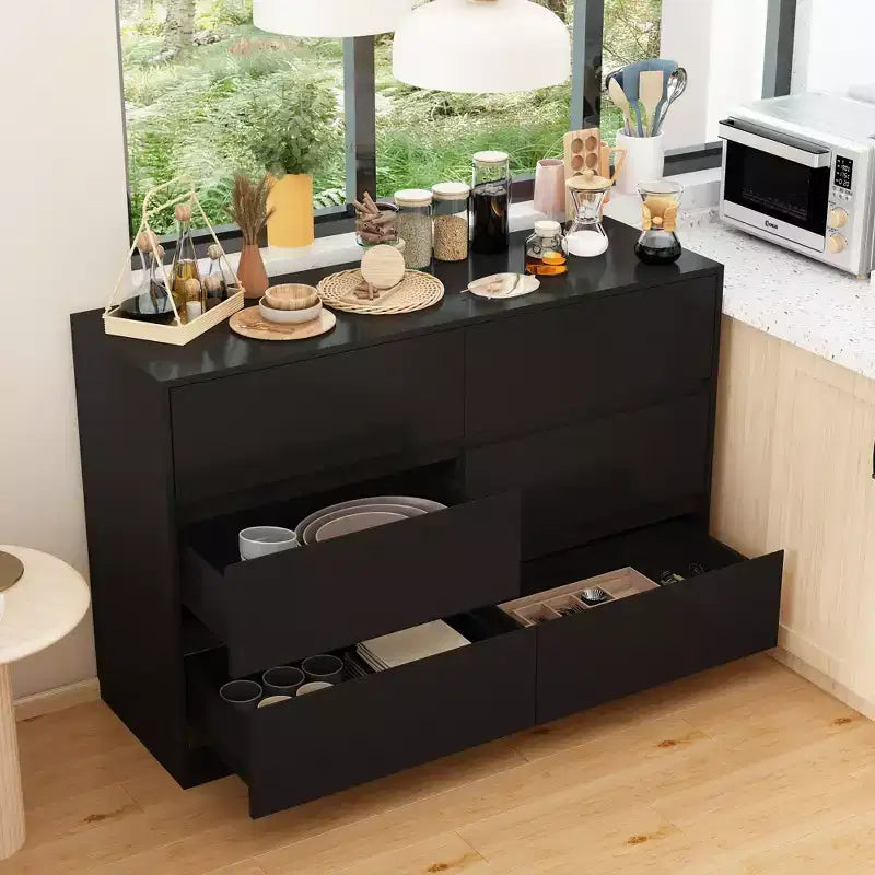 Desserte de buffet intelligente rotative/extensible avec 6 tiroirs, plan de travail étendu, tapis antidérapant, table à manger rotative, îlot de cuisine/garde-manger