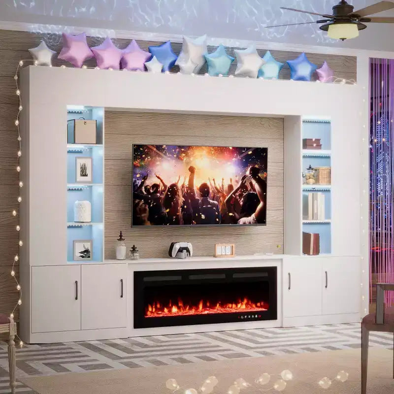 Meuble TV mural EROMMY 112L avec cheminée et lumières LED