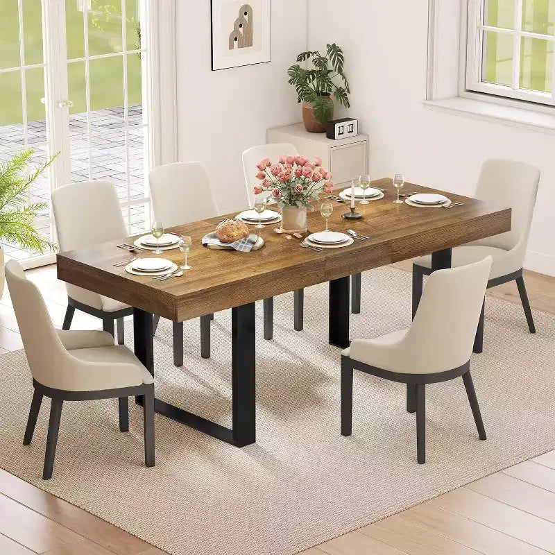 Zevemomo 63-78.7 Table de salle à manger extensible, Table de cuisine rectangulaire pour 6-10 personnes avec rail métallique, Pieds coniques en U pour salle à manger, bureau - Marron