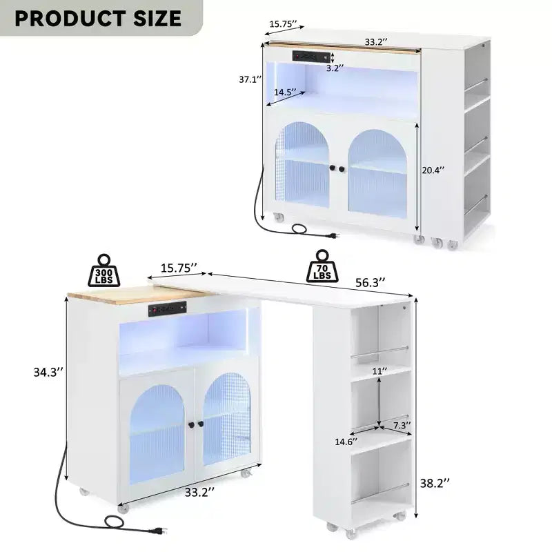 Îlot de cuisine roulant avec 2 portes en verre, Desserte de cuisine avec table extensible et prises de courant, Îlot de cuisine avec étagères ouvertes latérales