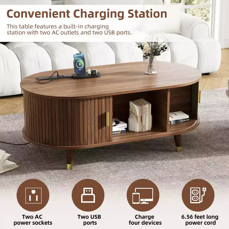 CLIHOME Meuble TV et table basse de ferme en bois avec station de recharge, console multimédia ovale cannelée pour TV jusqu'à 80 pouces