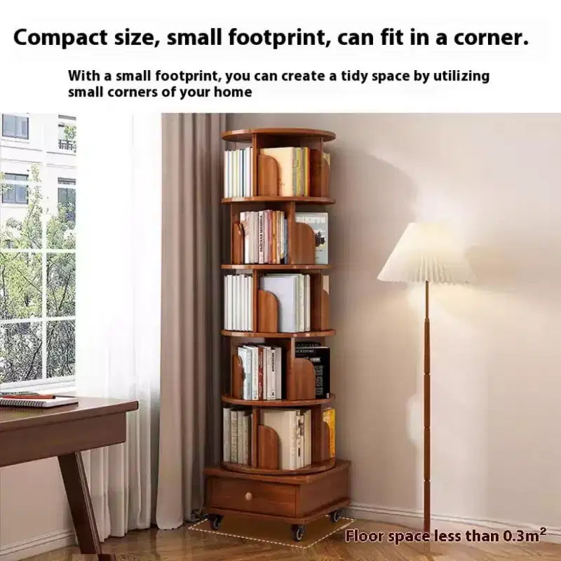 Bibliothèque d'angle pivotante à 360° Chic Crate à 6 niveaux avec roulettes, étagère étroite pour petits espaces, marron noyer