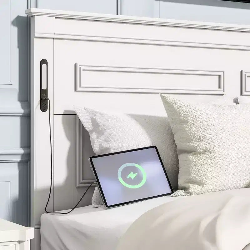 ModernLuxe Lit plateforme Queen/King Size avec tête de lit haute, cadre de lit rustique en bois avec 2 tiroirs, lumières LED et ports USB