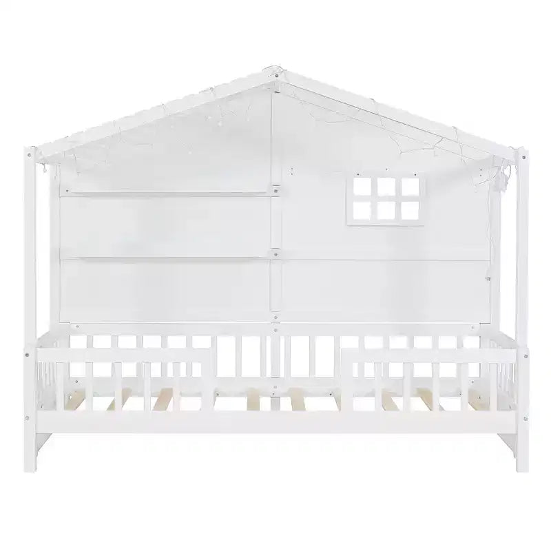 Lit cabane double avec étagères de rangement et barrières, cadre de lit Montessori en bois pour enfants avec fenêtre et bande lumineuse scintillante