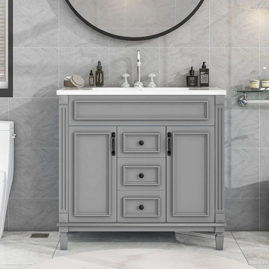 Meuble-lavabo de salle de bain moderne de 91 cm avec lavabo et armoire de toilette, 2 portes et 2 tiroirs